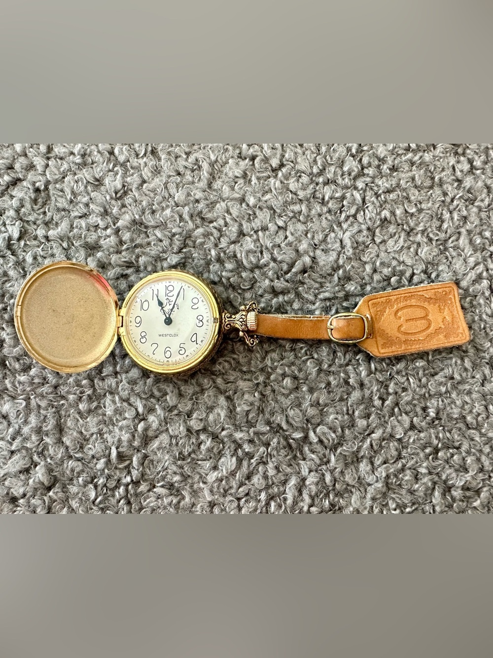 Vintage Westclox Gold Pocket Watch Horse Dial Leather Fob